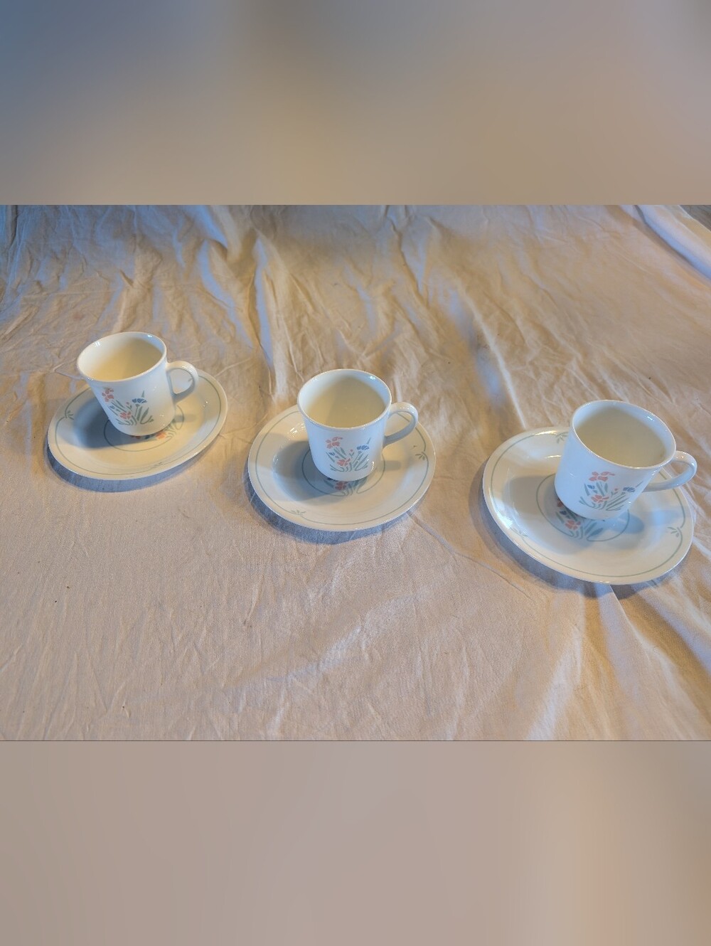 2/60$ Corningware White Coffee Cup and Saucer Set Pink and Green Floral Motif